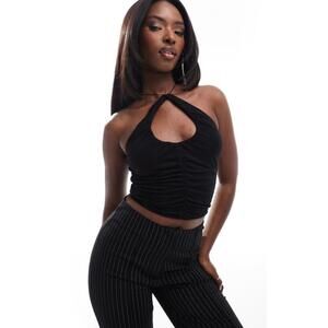 ASOS DESIGN Double Layer Ruched Front Crop Top in Black (US 4)